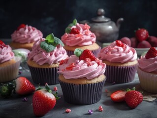 Homemade pink sweet cupcake with strawberries. Generative AI