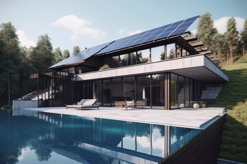 Fototapeta premium Modern houses and swimming pools with solar energy. AI technology generated image