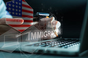 Concept of immigration to USA with virtual button pressing - obrazy, fototapety, plakaty
