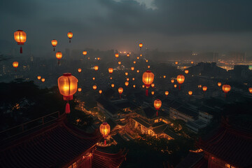 Kong Ming Lantern Dancing in the Sky. AI technology generated image