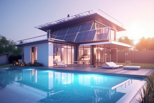 Modern houses and swimming pools with solar energy. AI technology generated image