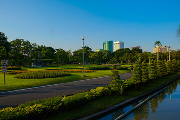 Green city park with tree building sky cloud