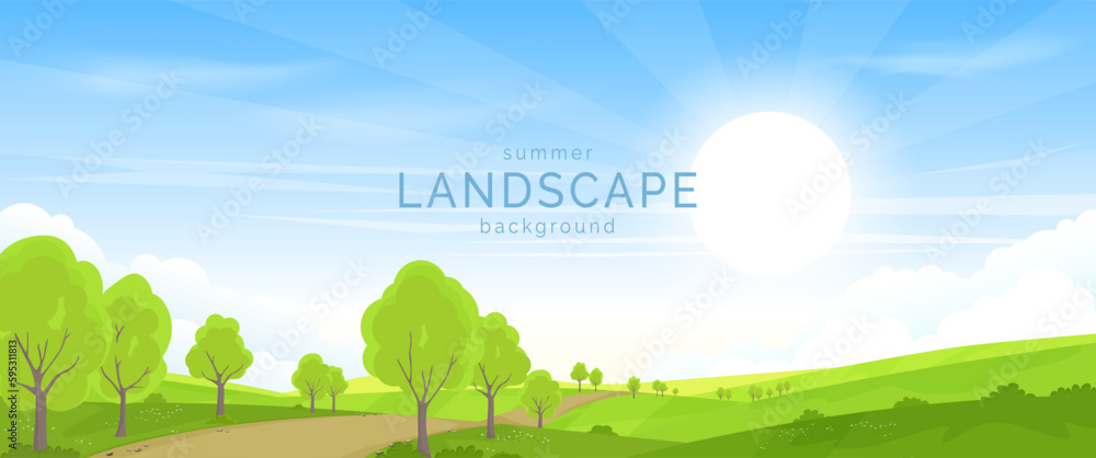 Wall mural a path through a field. trees that grow along the path. green meadows and fields, blue sky and cloud