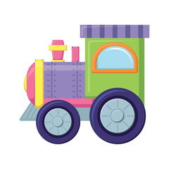 Naklejka premium Toy train. Cartoon locomotive for a child. Train isolated on white background. Cute icon for holiday, birthday and shop. Children's game transport. Vector.