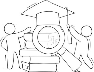 Students with books, graduation cap and magnifier