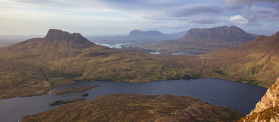 Assynt Mountains and Lochs in Spring, Stac Pollaidh, Cul Mor and Suilven from Sgorr Tuath, Scotland Landscape © Matt