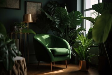 Tropical plant leaves decorate a living room with a sofa and chair. Generative AI