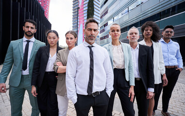 Multicultural business team headed by boss. Posing to camera empowered standing outdoors building office.