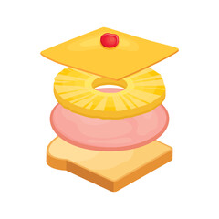 Flying toast Hawaii with pineapple, ham, cheese and maraschino cherry icon vector. Flying hawaiian toast icon vector isolated on a white background. Toasted bread sandwich illustration - obrazy, fototapety, plakaty