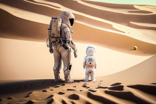 P&egrave;re avec son fils en combinaison spatiale sur une plan&egrave;te d&eacute;sertique - G&eacute;n&eacute;rative iA