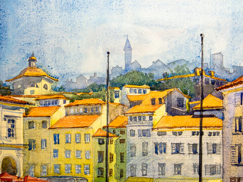 Architecture, watercolor painting. Watercolor on paper texture. Texture of watercolor painting.