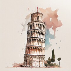 Pisa Tower in watercolor style by Generative AI - obrazy, fototapety, plakaty