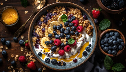 Fresh berry yogurt parfait with granola crunch generated by AI