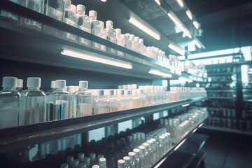 Abstract pharmacy background with medication displayed on shelves. Blurry, light tone wallpaper creates a peaceful atmosphere. Generative AI