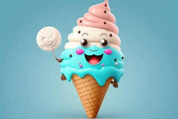 Ice cream character with ice cream cone on blue background