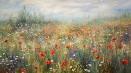 Fototapeten Digital oil painting of lush blooming summer meadow with colorful wildflowers, impressionism, beautiful artistic image for wallpaper, art print, background design. Generative AI.  © Aul Zitzke