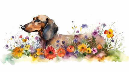 Watercolor painting of a beautiful dachshund in a colorful flower field. Ideal for art print, greeting card, springtime concepts etc. Made with generative AI.