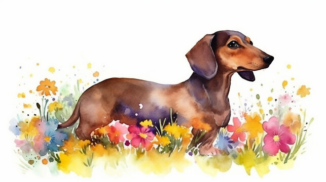 Watercolor Painting Of A Beautiful Dachshund In A Colorful Flower Field. Ideal For Art Print, Greeting Card, Springtime Concepts Etc. Made With Generative AI.