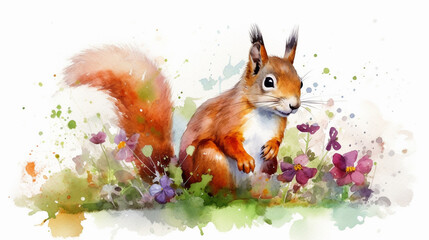 Watercolor painting of a cute red squirrel in a colorful flower field. Ideal for art print, greeting card, springtime concepts etc. Made with generative AI.