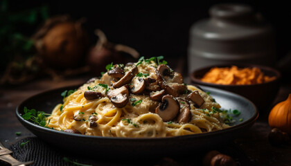Freshly cooked gourmet pasta with edible mushrooms generated by AI