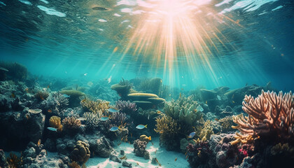 Naklejka na ściany i meble Vibrant ed reef fish swim below the surface generated by AI