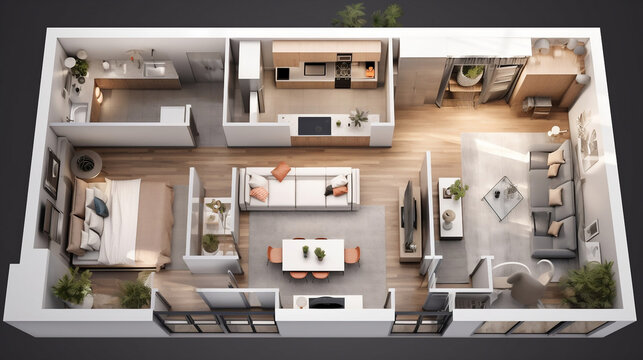Innovative Design: A Top View of a Fully Furnished Open Living Space. AI image