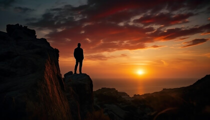 One person conquering adversity, backpack, mountain peak generated by AI