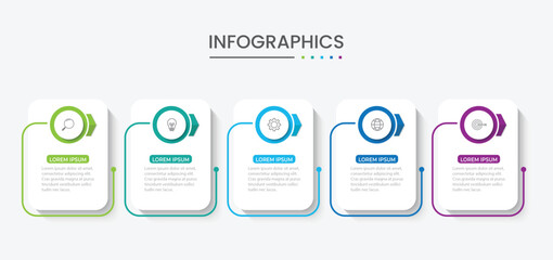 Thin line process business infographic with square template. Vector illustration. Process timeline with 5 options, steps or sections.