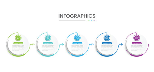 Vector infographic thin line design with marketing icons. Business concept with 5 options, steps or processes.
