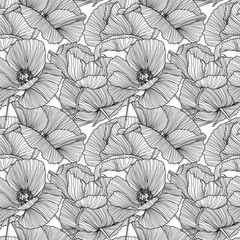 Vector seamless pattern with hand drawing wild flowers, linear black and white botanical illustration, floral elements, hand drawn repeatable background. Artistic backdrop.