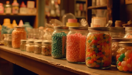 Abundance of sweet food in large jars generated by AI