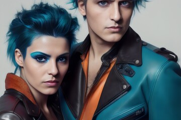 a man and woman with blue hair and leather jackets - Generative AI