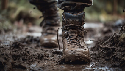 Muscular army athlete hikes through muddy forest generated by AI