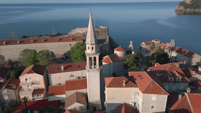 The old town of Budva shot from a drone. The best sights of Montenegro. Budva Old Town fantastic footage. Aerial view.