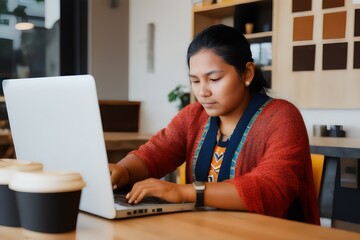 a woman working on her laptop in a cafe - Generative AI