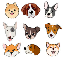 Set of dog faces Hand drawn isolated vector illustration in doodle style on white background.