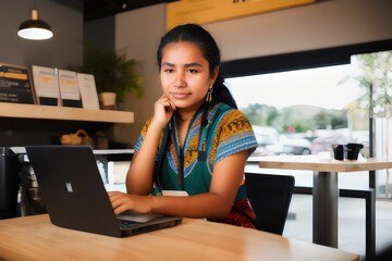 a young woman sitting at a table with a laptop - Generative AI