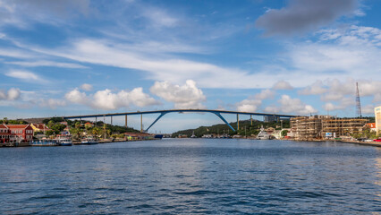 Queen Juliana Bridge, as seen from the town of Willemstad, the capital of Curacao, a Dutch Antilles island in the Caribbean