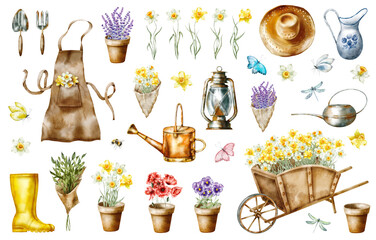 Watercolor illustration set – village gardering, spring sowing. Watering can, jug, shovel, pitchfork, seedlings, plants, flowers, daffodils, cart, wheelbarrow, rubber boots, pot, lantern, hat