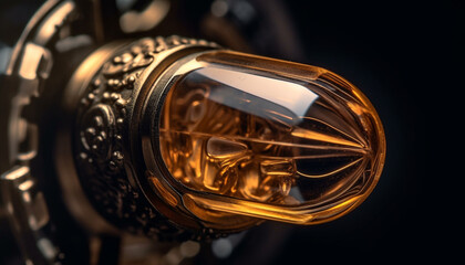 Shiny glass bottle reflects old fashioned whiskey elegance generated by AI