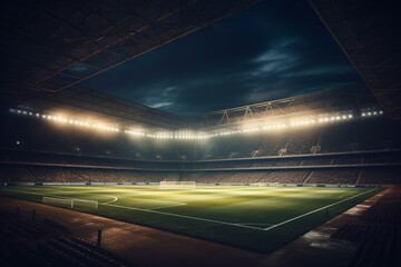 Fototapeta na wymiar An illuminated 3D rendering of an unoccupied football ground under the radiance of floodlights. Generative AI