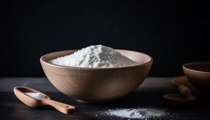 Organic flour heap in rustic wooden bowl generated by AI