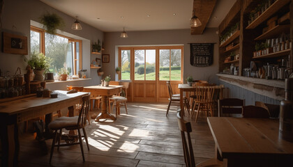 Comfortable dining room with modern rustic elegance generated by AI