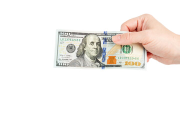 hand holding 100 dollars, isolated on white background