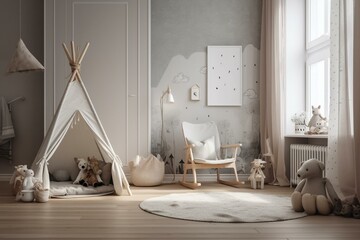 Fototapeta na wymiar Child's room mockup with gray armchair against light wall. Generative AI