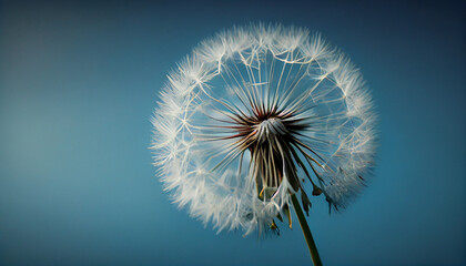 Beautiful Dandelion With Seeds Blowing Away Blue Sky on background Ai generated image
