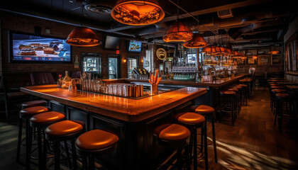 Luxury bar counter inside modern nightclub illuminated generated by AI