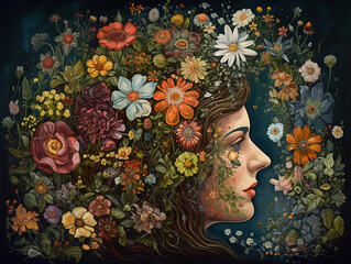 A Surreal Illustration of a Woman's Head made of Garden Plants and Flowers | Generative AI