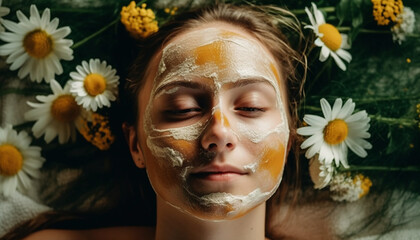 Beautiful woman enjoys spa treatment in nature generated by AI