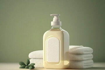 Fototapeta na wymiar Cosmetic liquid soap dispenser bottle mockup and a towel in a bathroom. Generative ai